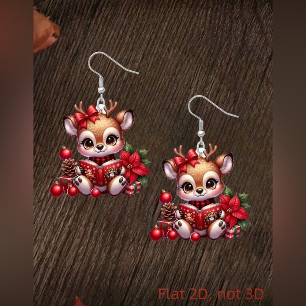 Reindeer Reading A Book Earrings with Red Accents - Picture 3 of 7